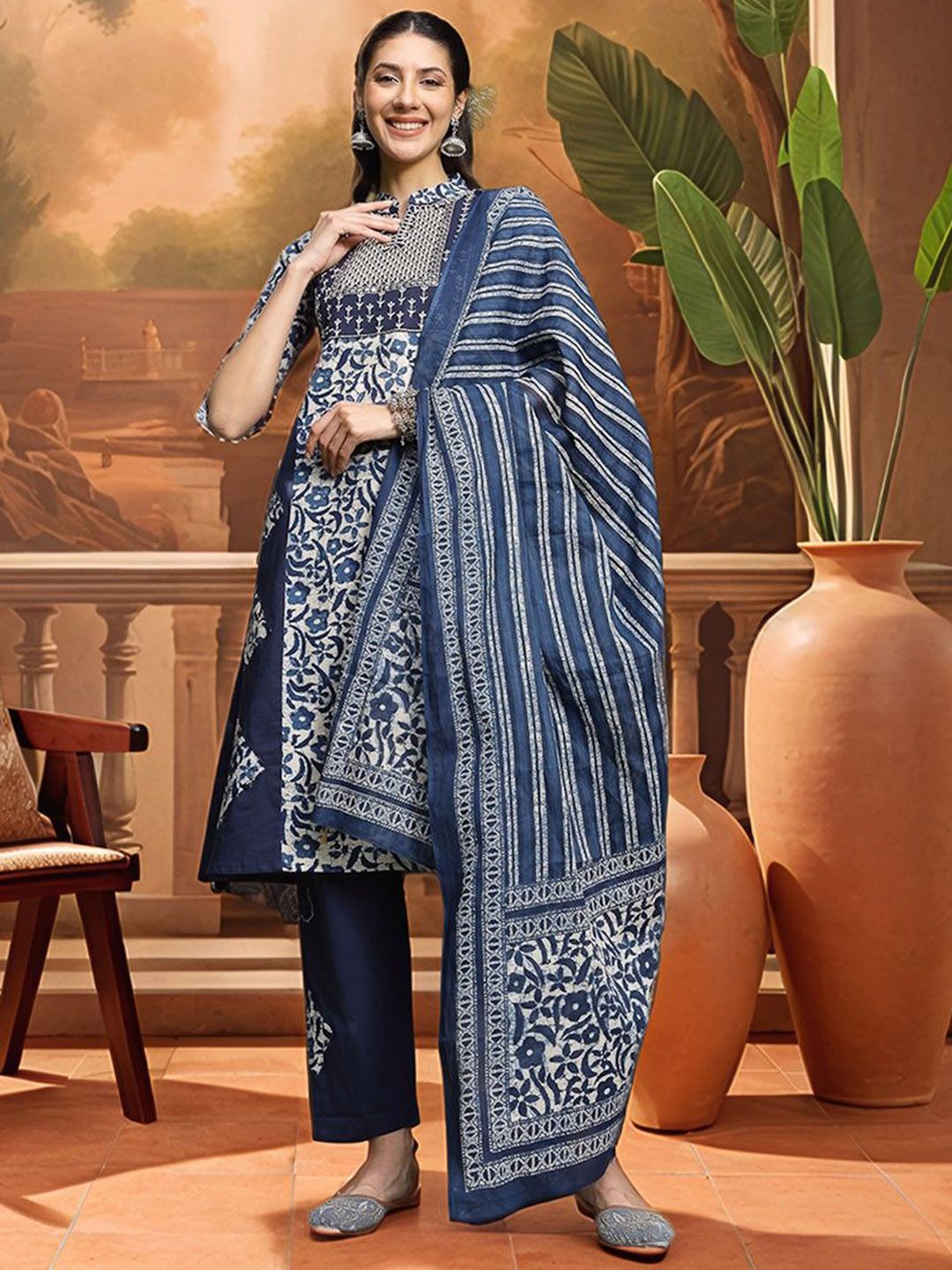 Sangria Women Embroidered A-Line Pure Cotton Kurta & Trousers With Dupatta