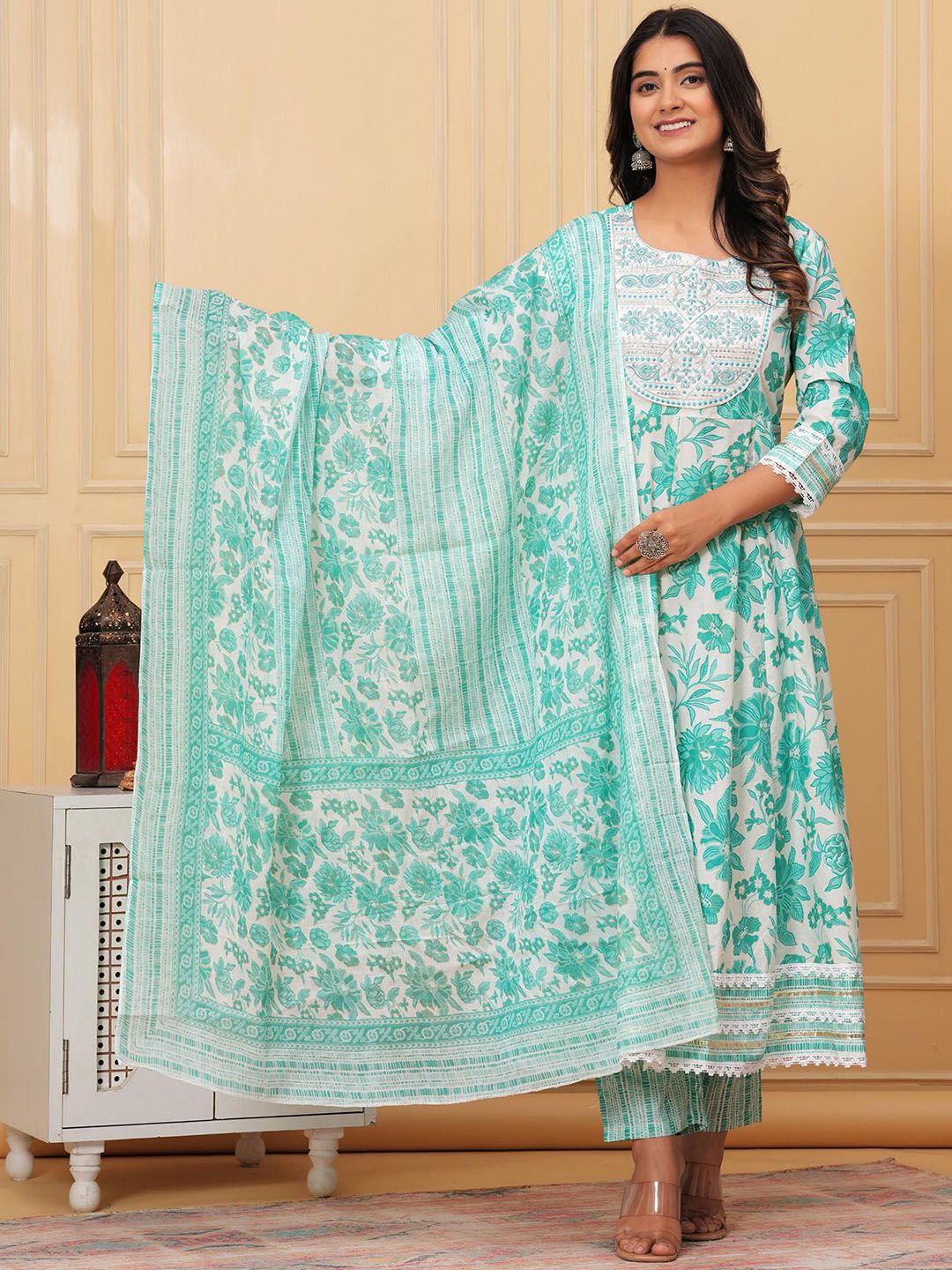 MEERA FAB Floral Printed Thread Work Pure Cotton Anarkali Kurta With Trousers & Dupatta