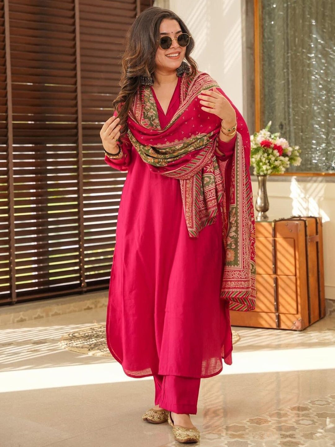 CANIZZARO Shirt Collar Pure Cotton Straight Kurta With Trousers & Dupatta