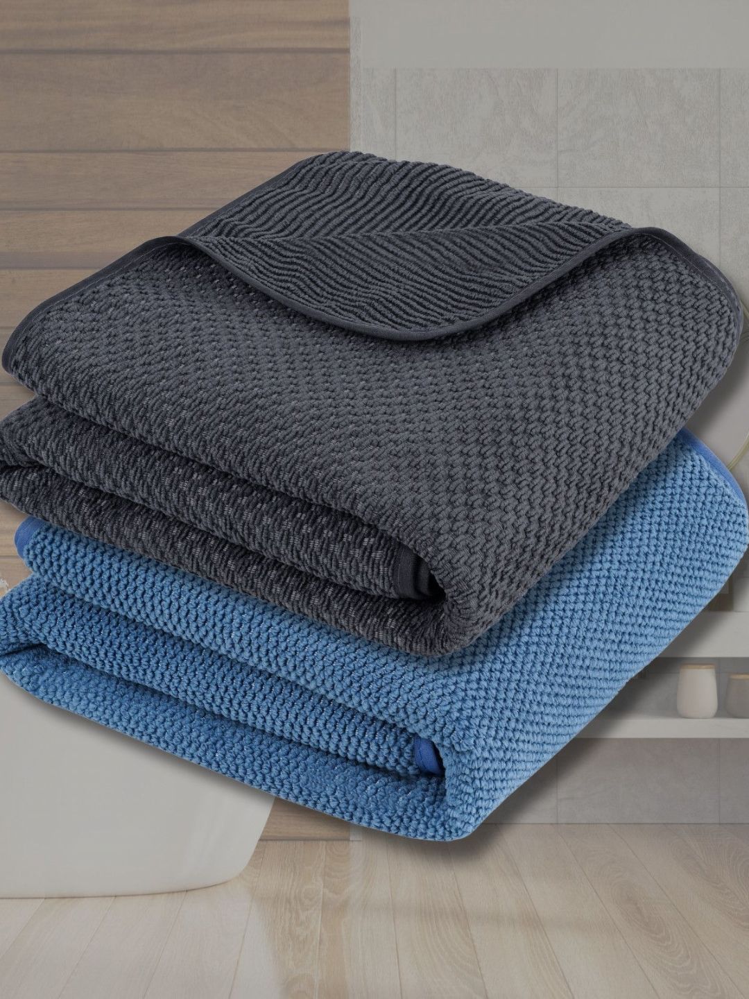 Fezora Grey & Blue 2 Pieces Microfiber 320 GSM Bath Towels-picture-31