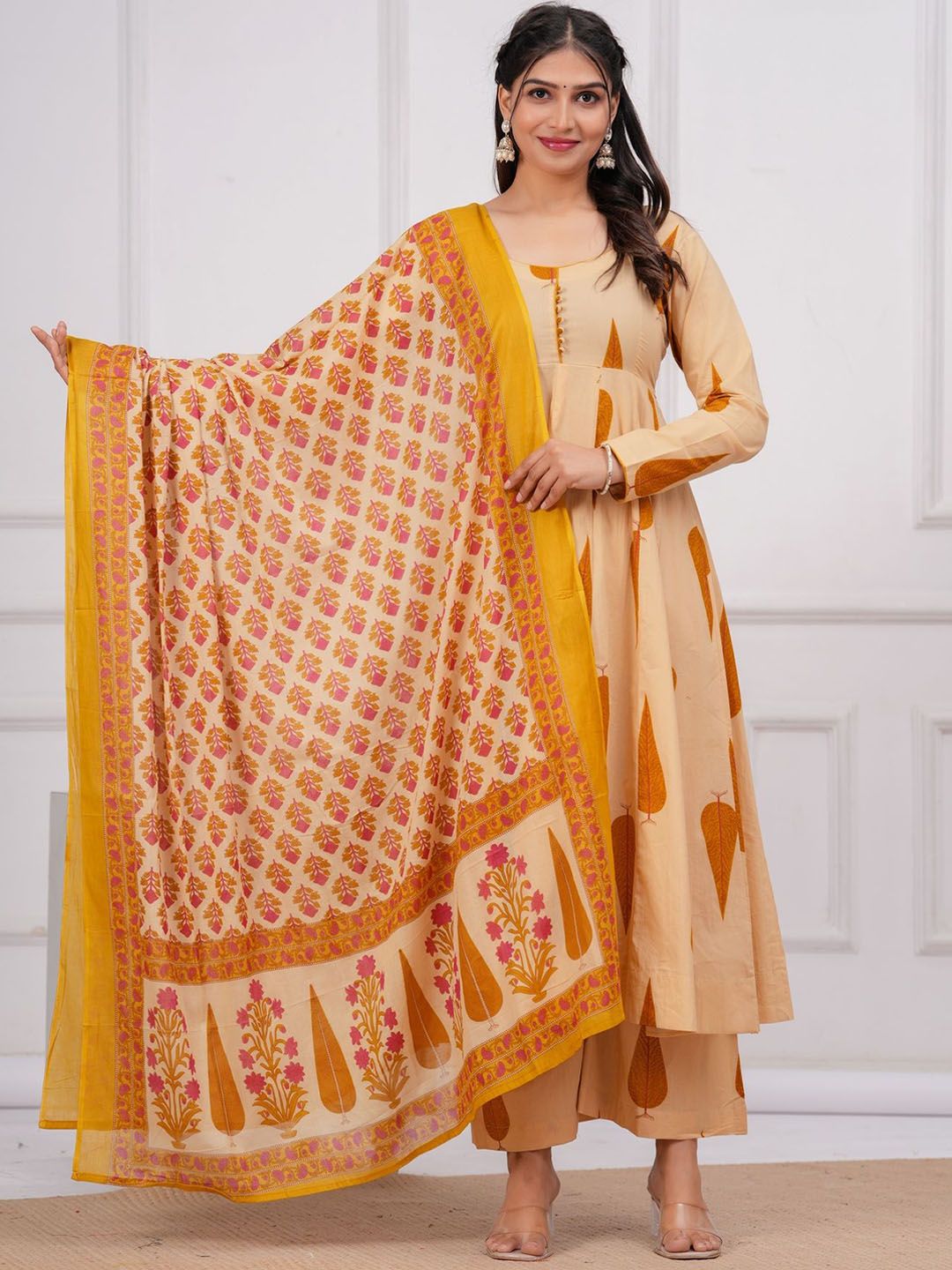KALINI Women Floral Printed Cotton Anarkali Kurta with Trousers & Dupatta