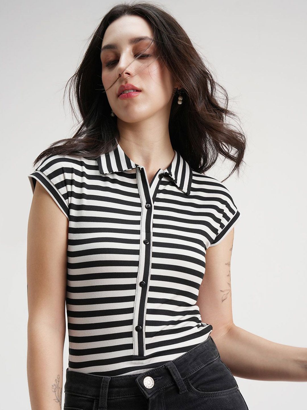 Tokyo Talkies Striped Monochrome Ribbed Shirt Collar Bodysuit