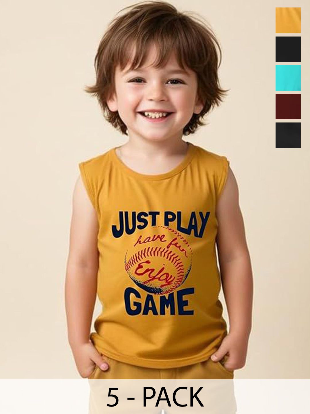 x2o Kids Pack Of 5 Printed Cotton Basic Vests-image-30