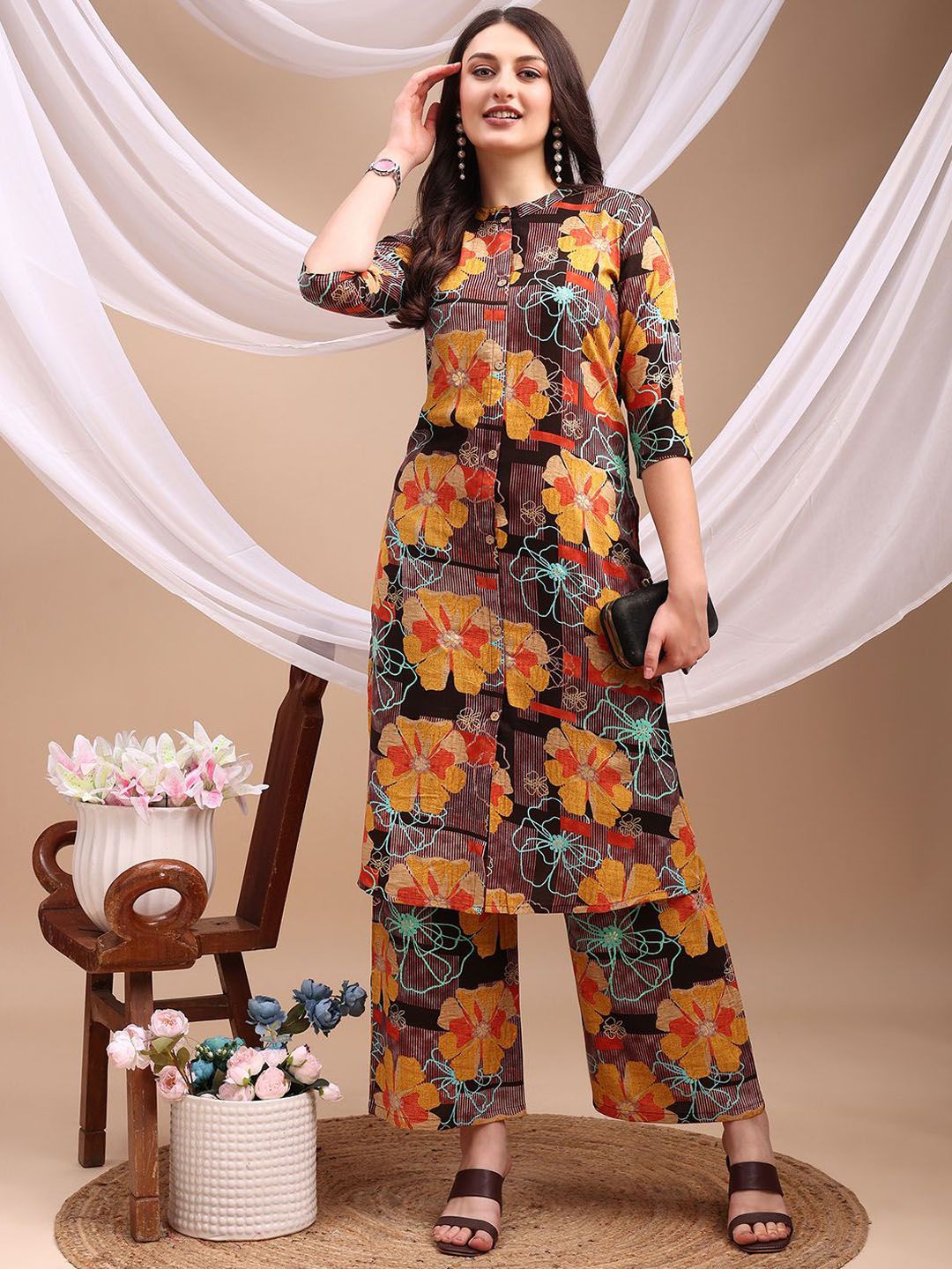 KALINI Floral Printed Mandarin Collar Three-Quarter Sleeves Straight Kurta With Palazzos