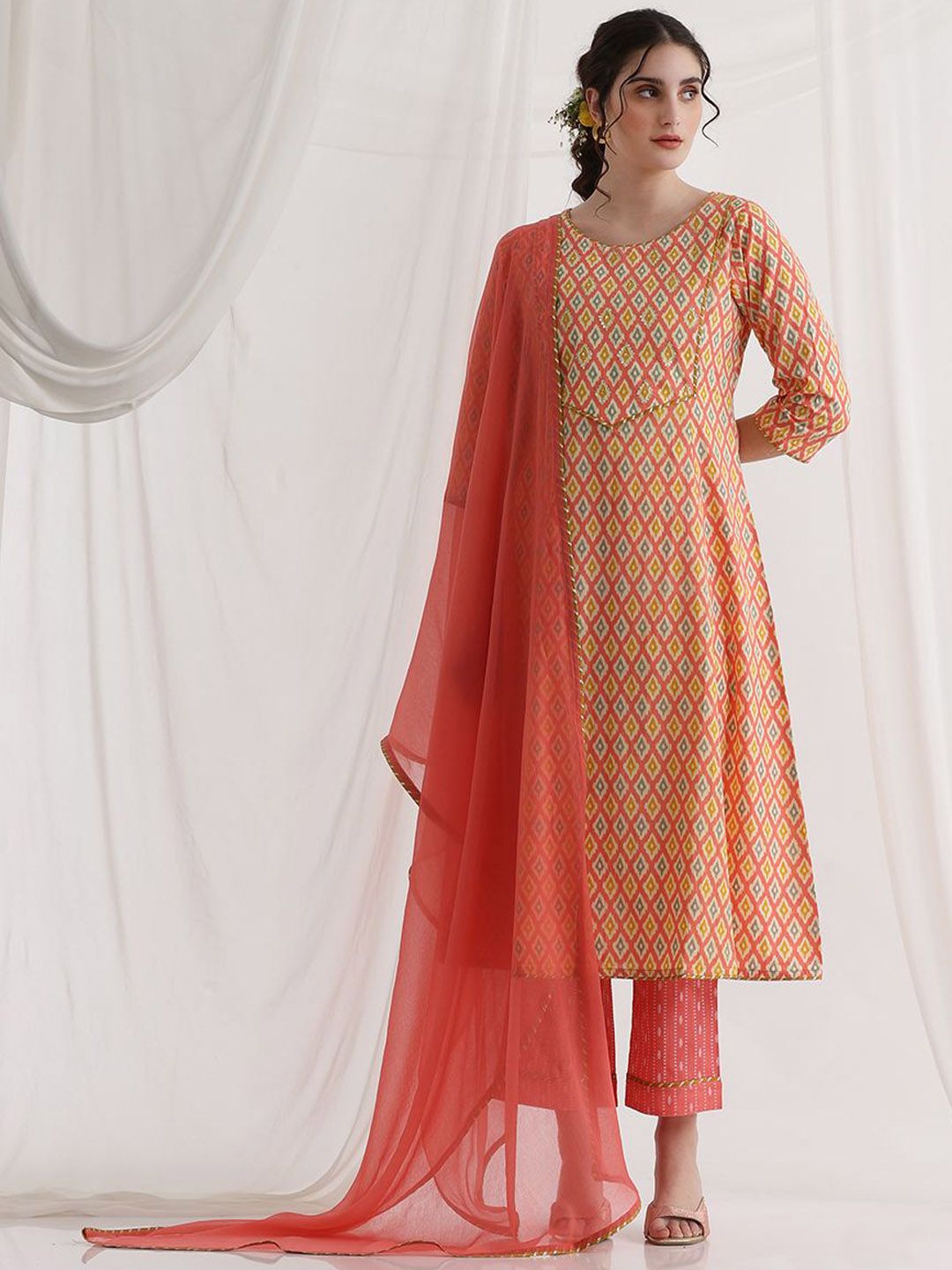 Khushal K Women Geometric Printed Pure Cotton A-Line Kurta with Palazzos & Dupatta