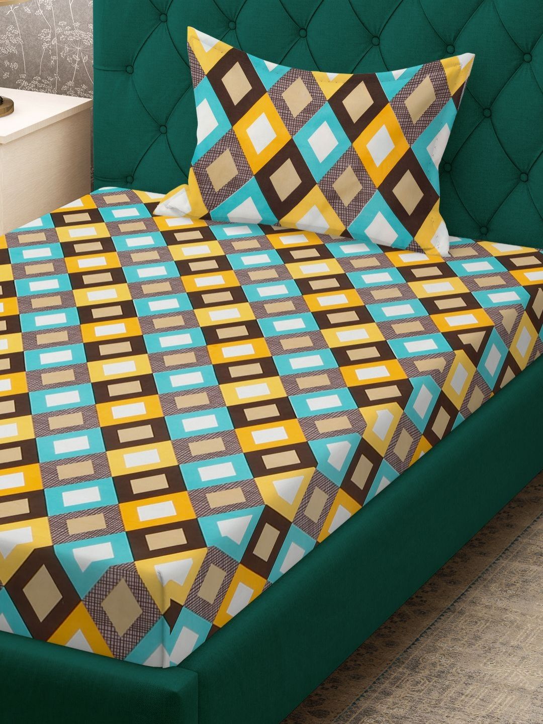 Myntra Elegant Homes Blue & Yellow Abstract 280 TC Single Bedsheet Set-1.52 m x 2.28 m-picture-35