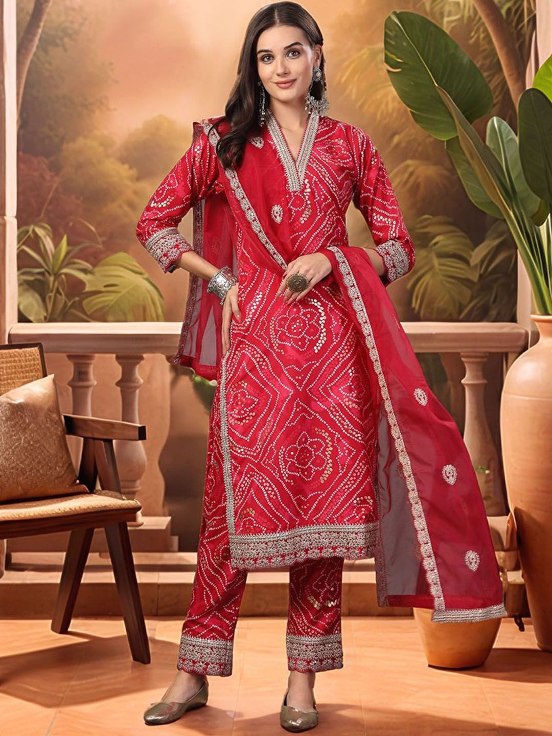 Sangria Bandhani Printed V-Neck Zari Straight Kurta With Trousers & Dupatta