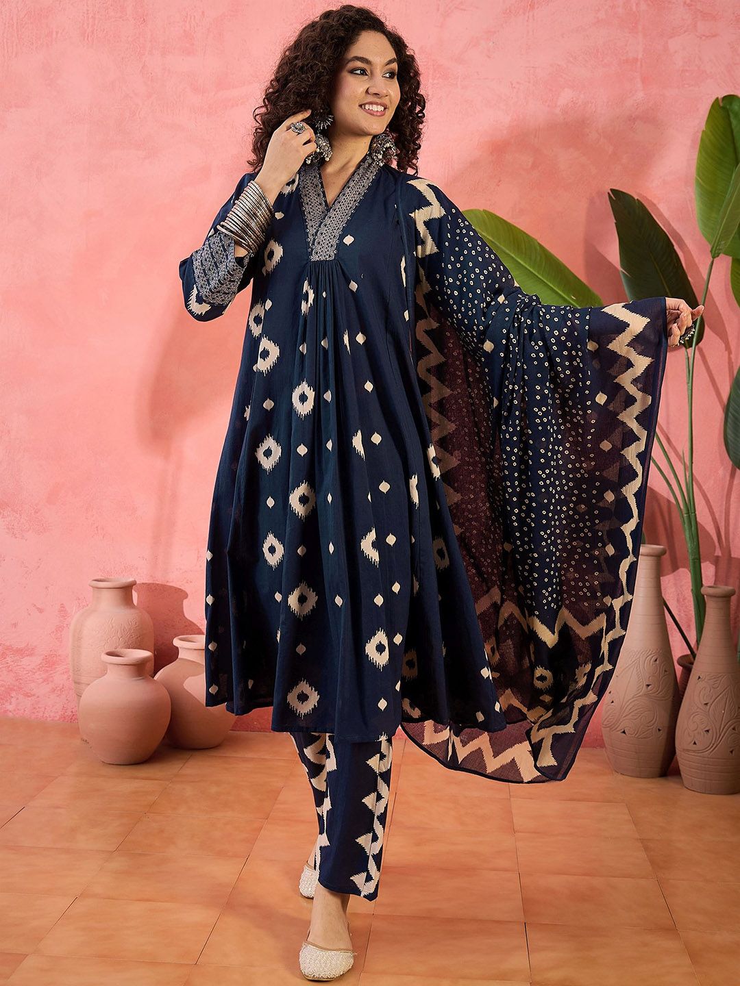 Vastramyaa Women Printed Pleated Pure Cotton Kurta with Trousers & Dupatta