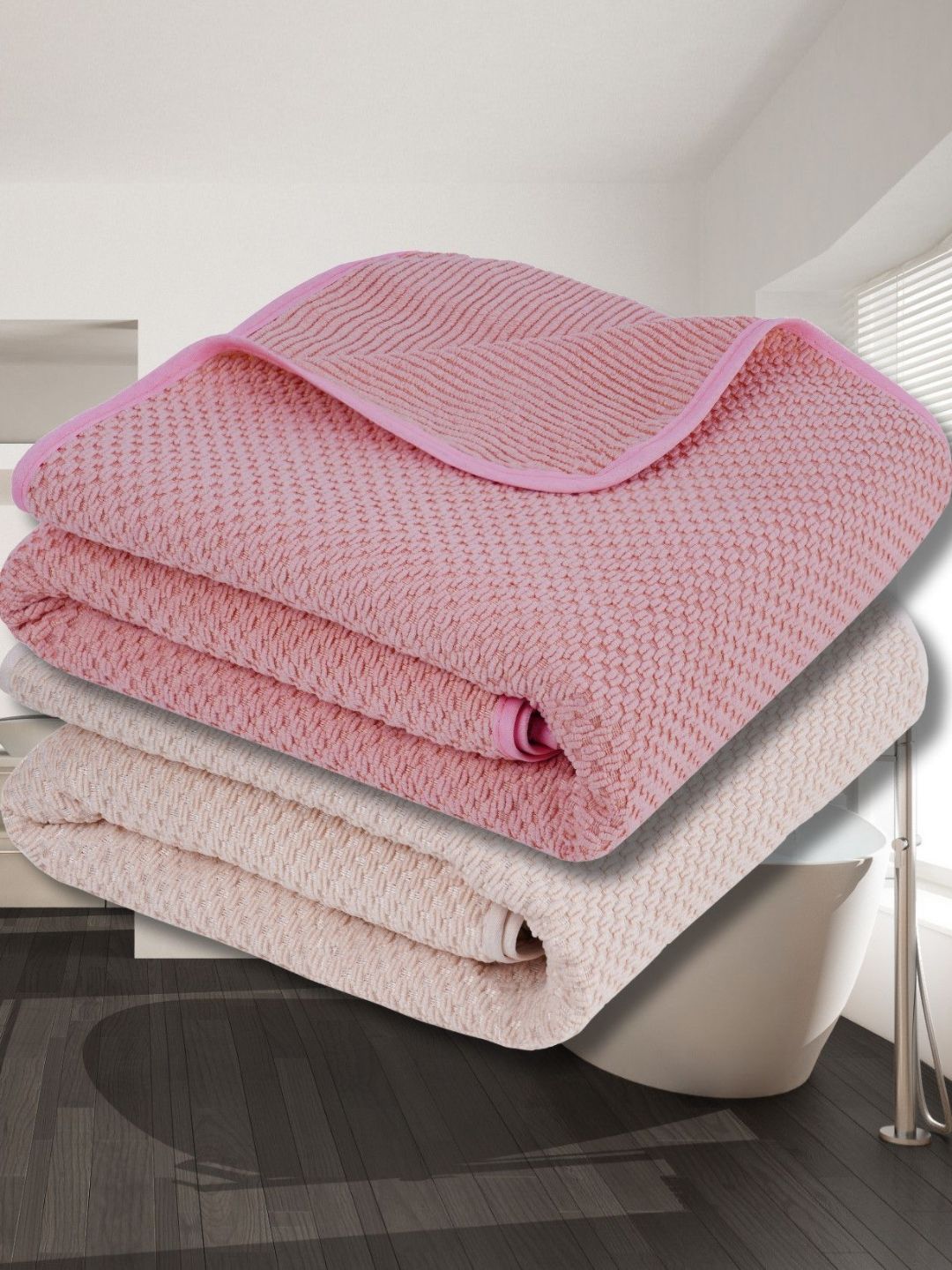 Fezora Pink & Cream-Coloured 2 Pieces 350 GSM Microfiber Bath Towel-image-22