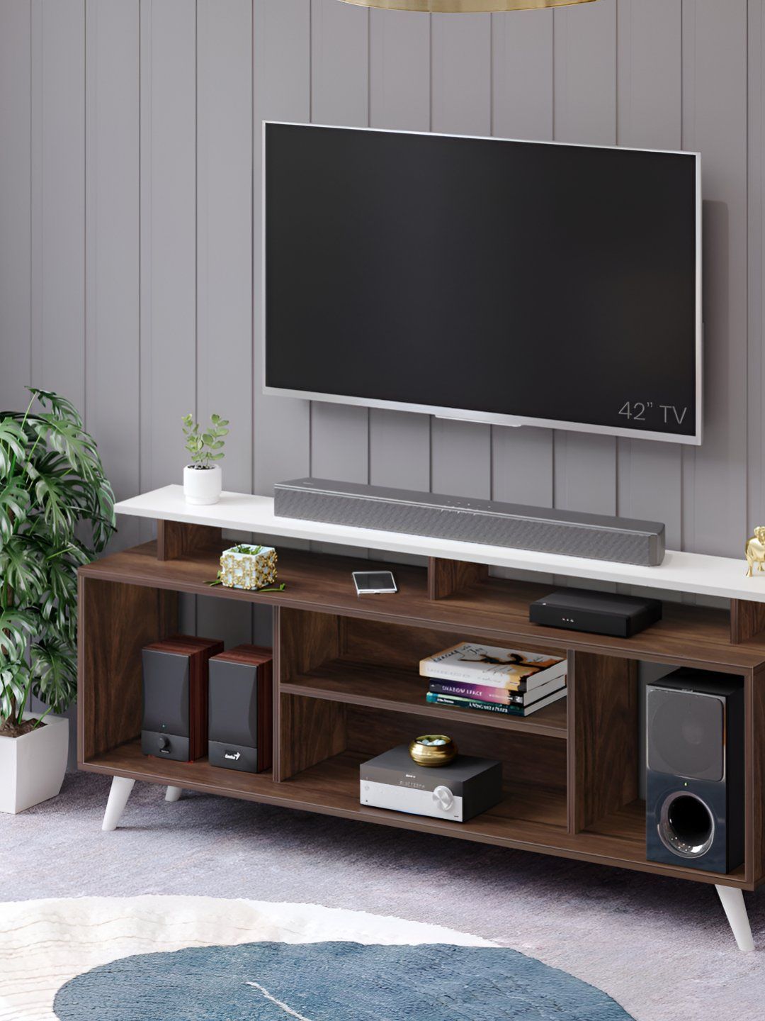 bluewud Skiddo Lite Wenge-Brown & White Rectangular TV Entertainment Unit With Cabinets
