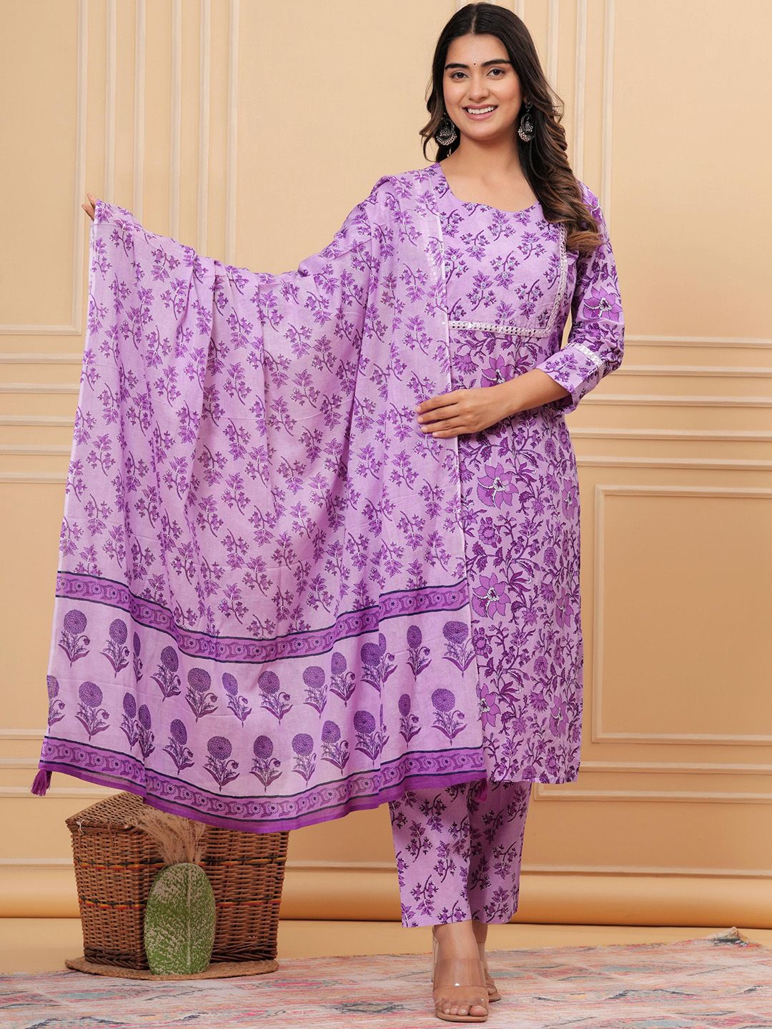 MEERA FAB Women Floral Printed Mirror Work Pure Cotton Kurta with Trousers & Dupatta