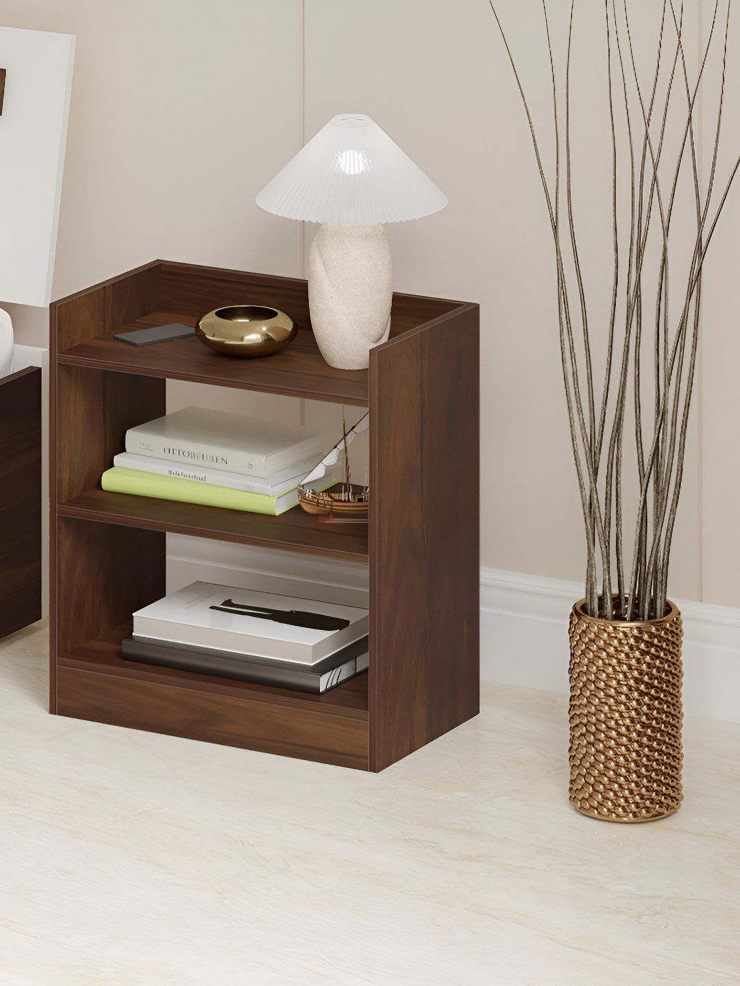 bluewud Brown Wooden Rectangle Bedside Table