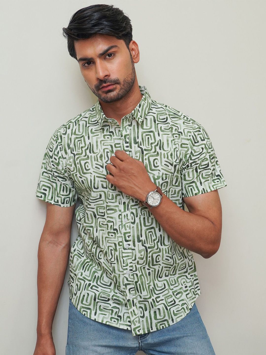 Mast & Harbour Abstract Printed Short Sleeves Spread Collar Cotton Shirt-picture-25