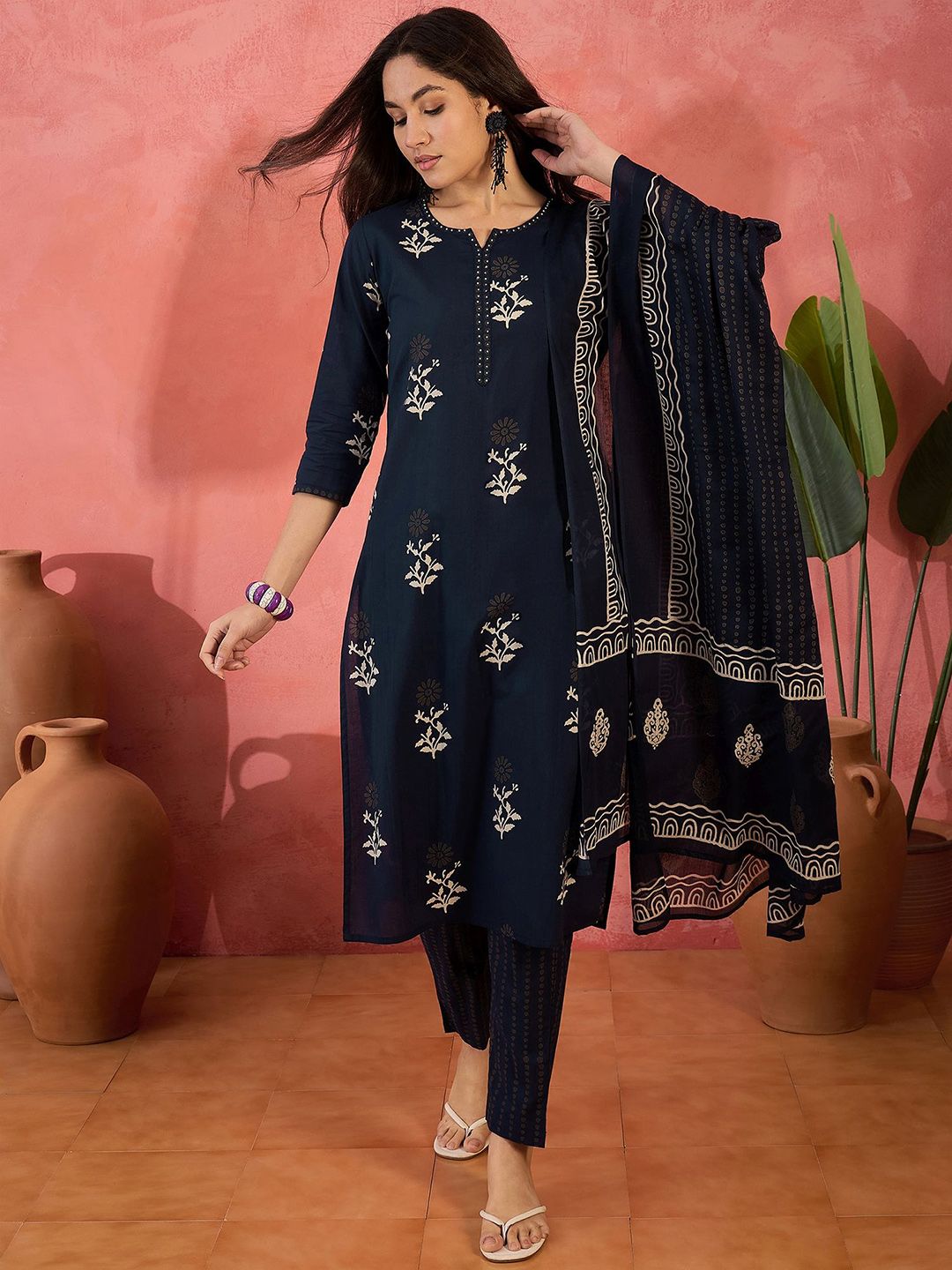 Vastramyaa Floral Printed Notch Neck Pure Cotton Straight Kurta With Trousers & Dupatta