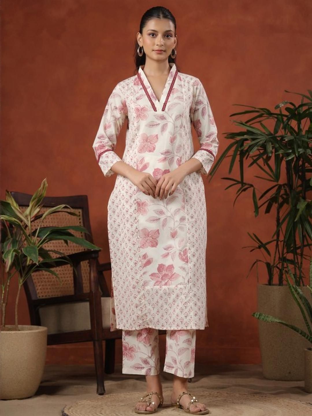 KJFAB Women Cream Pure Cotton Kurta Sets