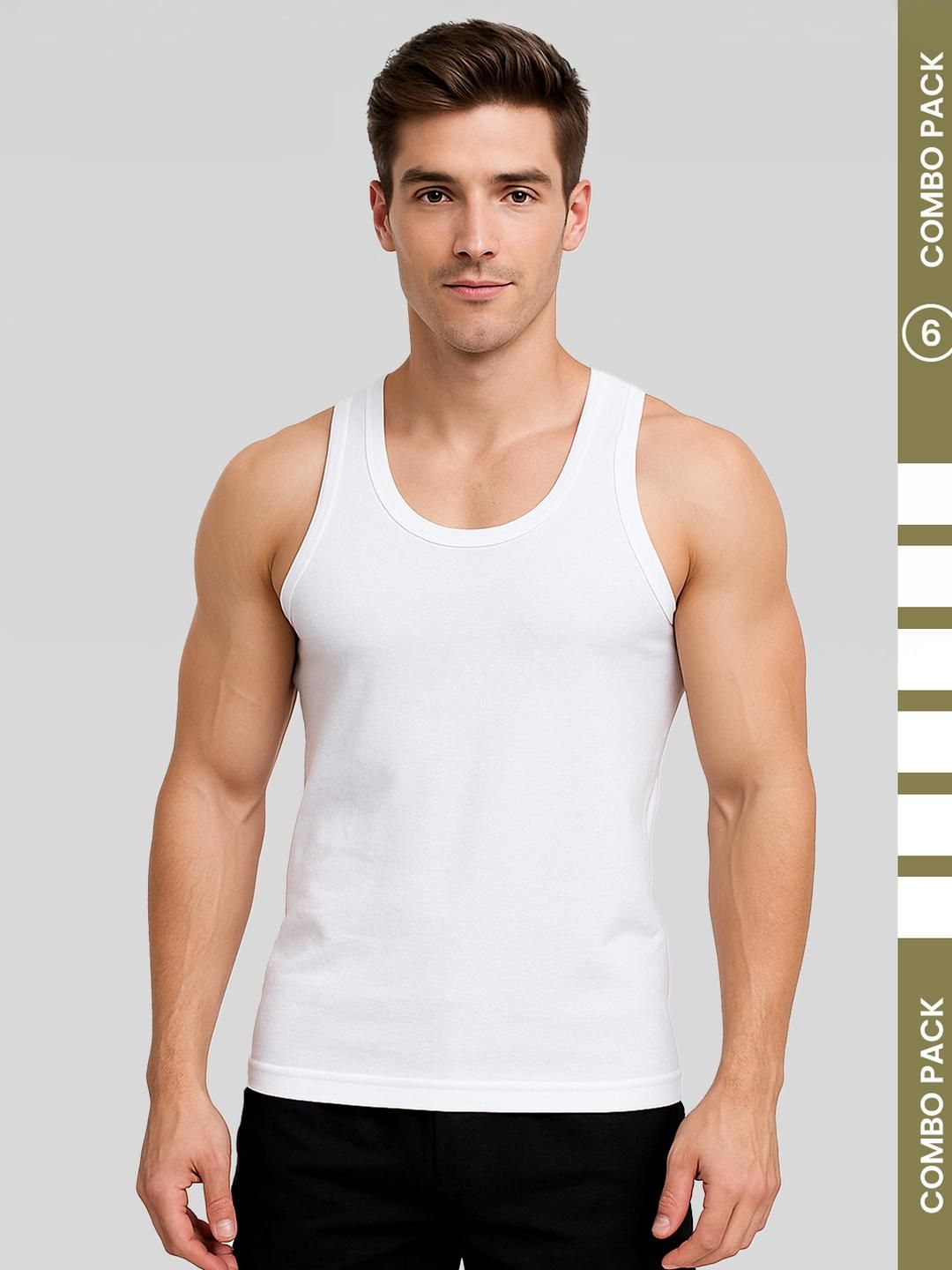 AMUL COMFY Men Pack of 6 Cotton White Solid Sleeveless Vest-picture-31