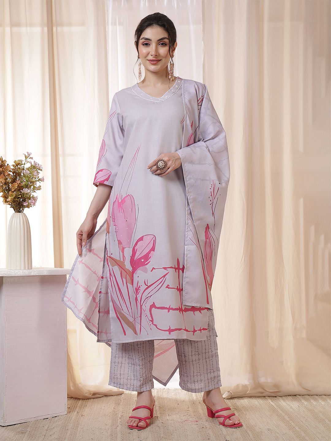 Anouk Women Floral Print Regular Pure Cotton Kurta with Trousers &  Dupatta
