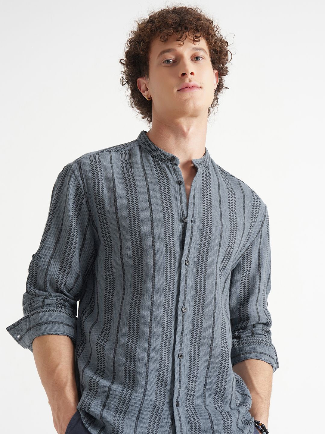 HIGHLANDER Men Vertical Striped Mandarin Collar Casual Shirt-picture-34