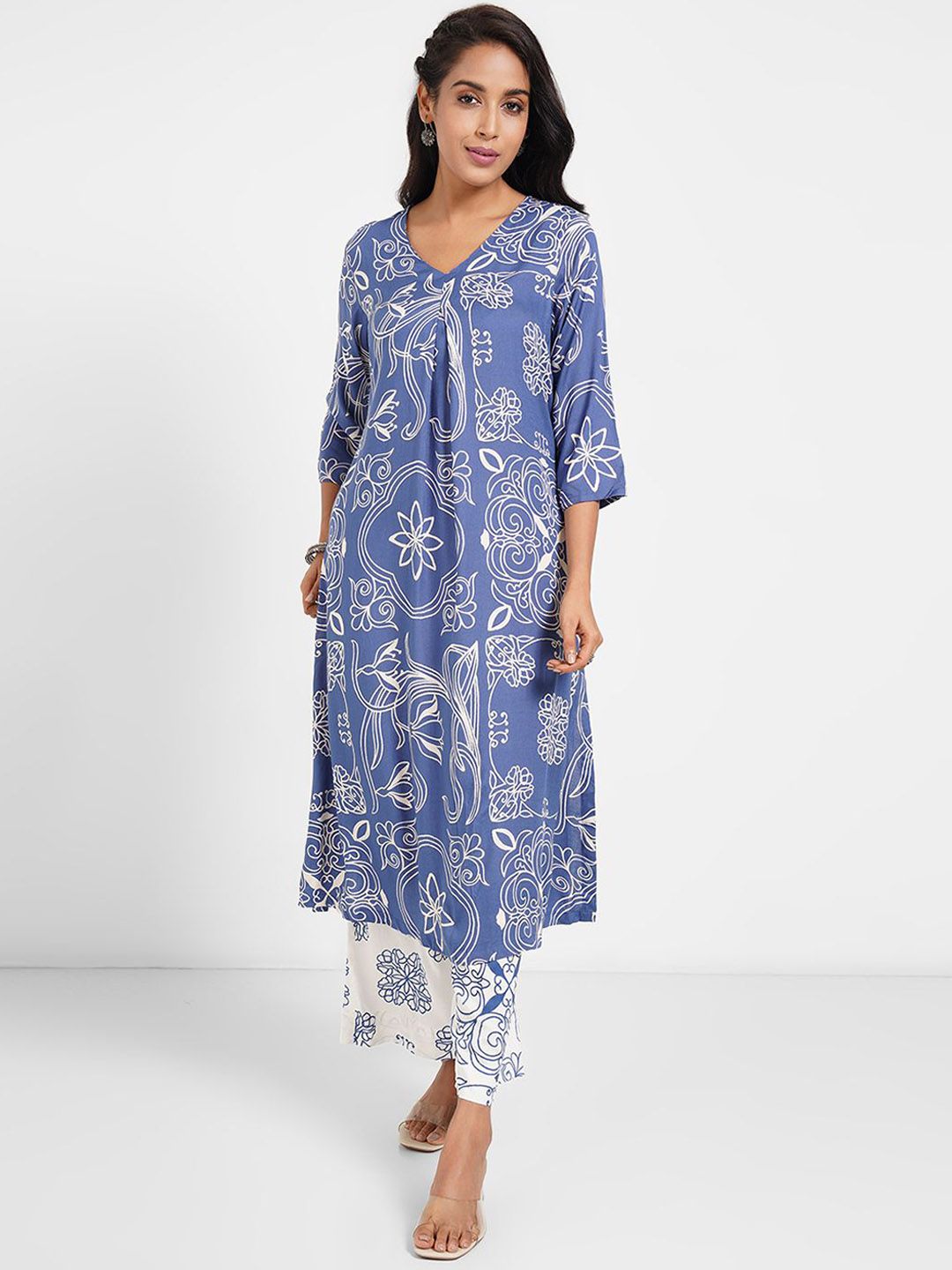 RANGMANCH BY PANTALOONS Women Ethnic Motifs Printed Pleated Kurta with Palazzos