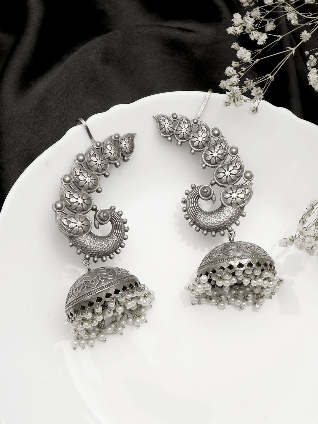 VIVAZS Silver-Plated Artificial Beaded Oxidised Peacock Dome Shaped Jhumkas-picture-19