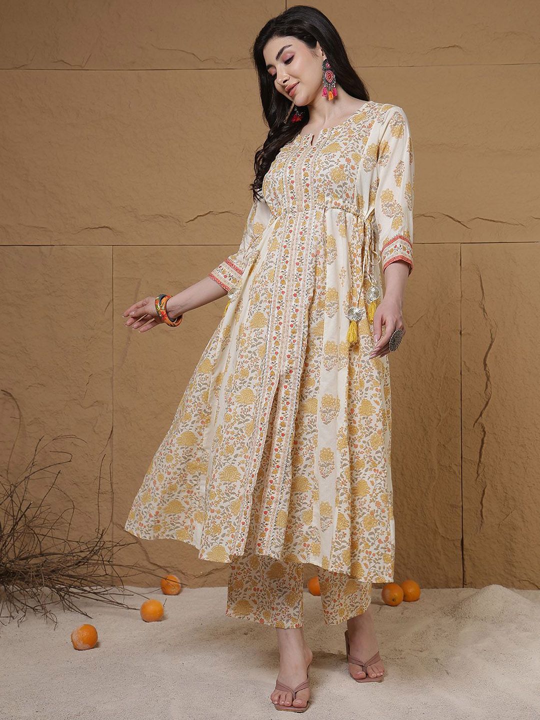 Anouk Women Floral Printed Anarkali Pure Cotton Kurta with Trousers