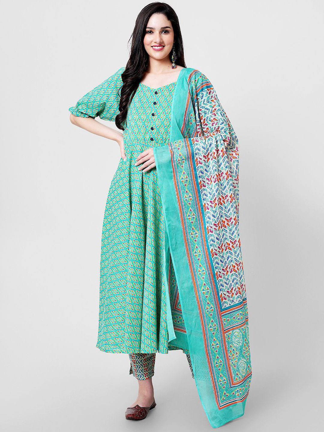 HERE&NOW Floral Printed V-Neck Pure Cotton Anarkali Kurta With Trousers & Dupatta