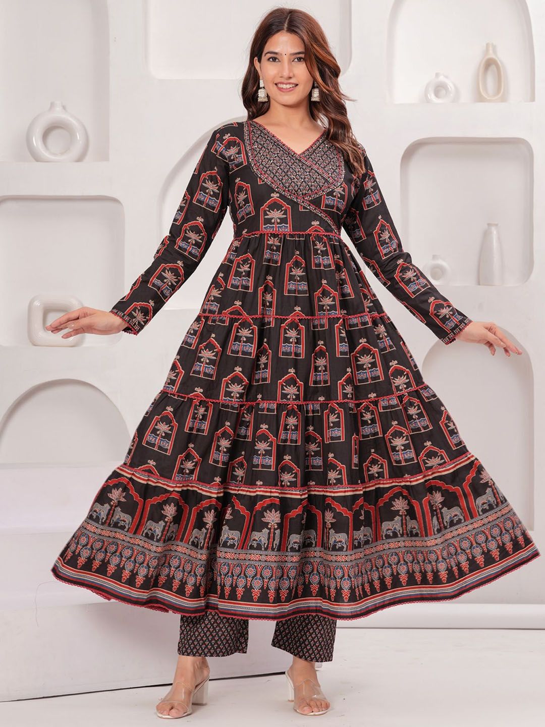 KALINI Floral Printed Angrakha Beads & Stones Pure Cotton Anarkali Kurta With Trouser
