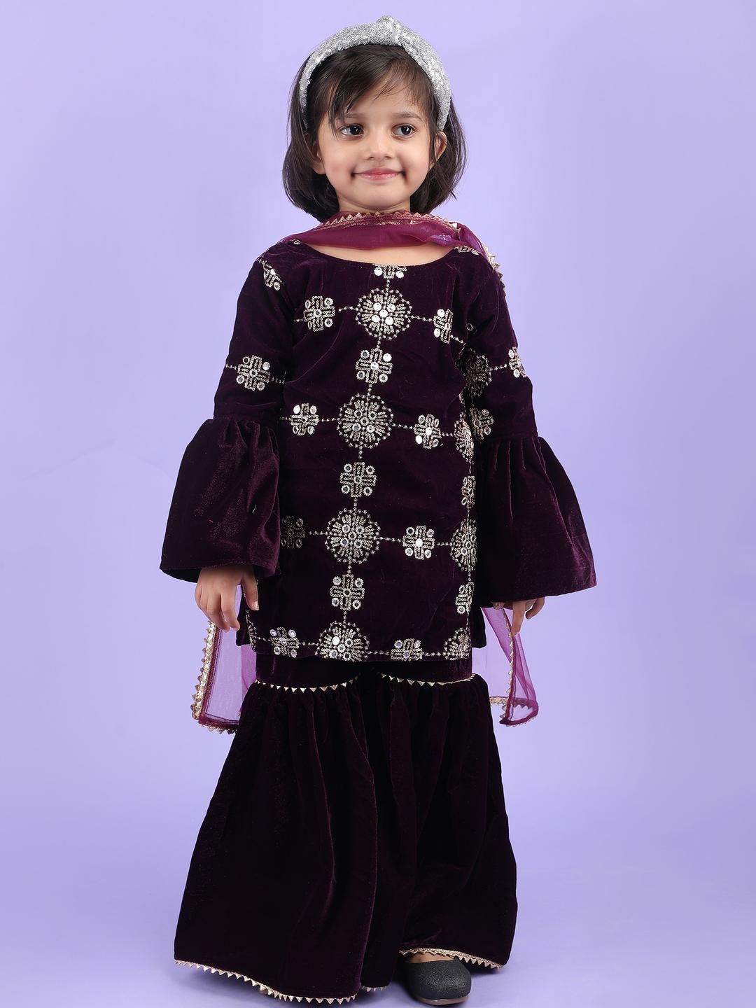 Modish Girls Embroidered Regular Sequinned Velvet Kurti with Sharara & With Dupatta-picture-27
