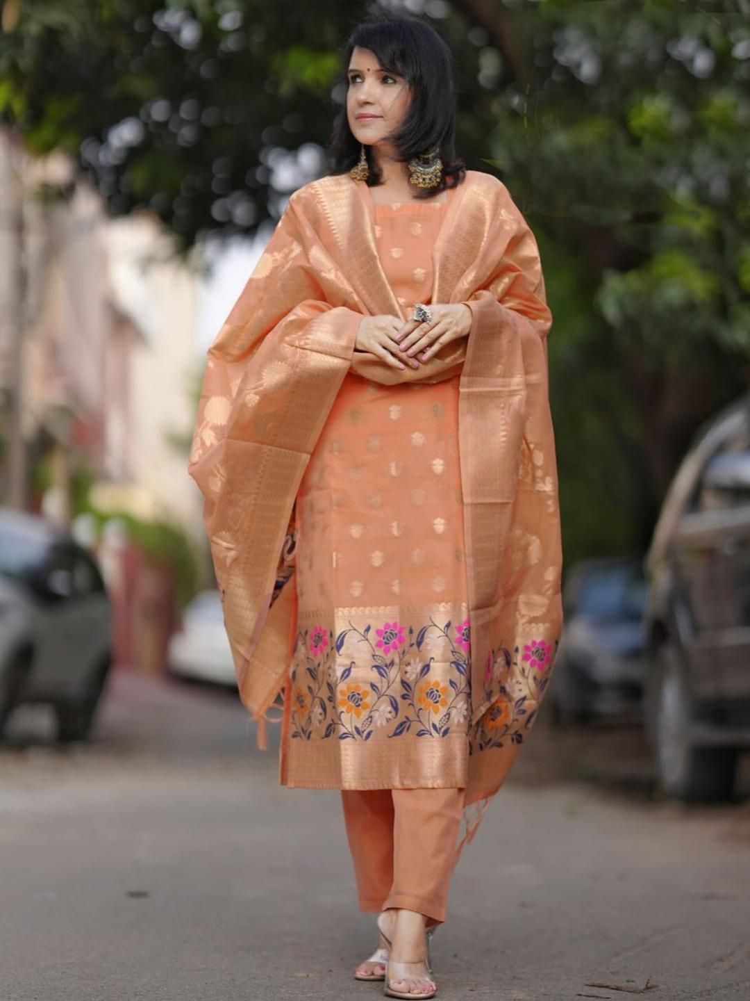 Kedar Fab Women Peach Woven Design Art Silk Kurta Sets-picture-23