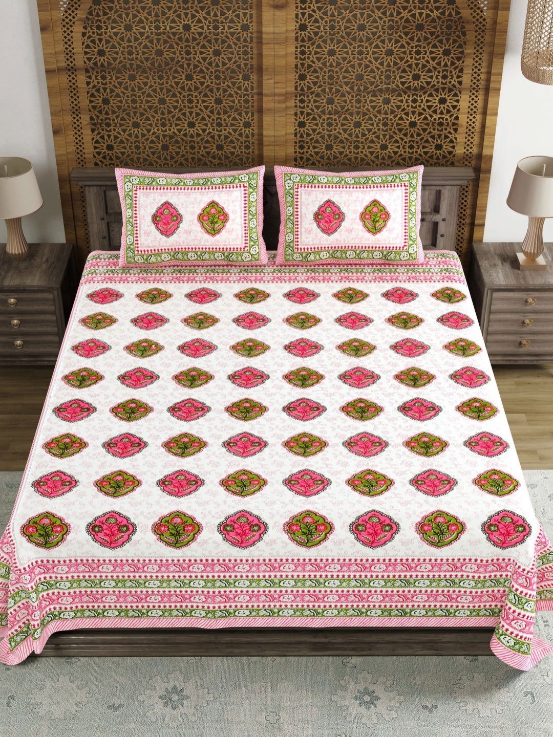 Sangria White & Green Ethnic Motifs Pure Cotton 210TC Double King Bedsheet Set-2.74mx2.28m-image-15