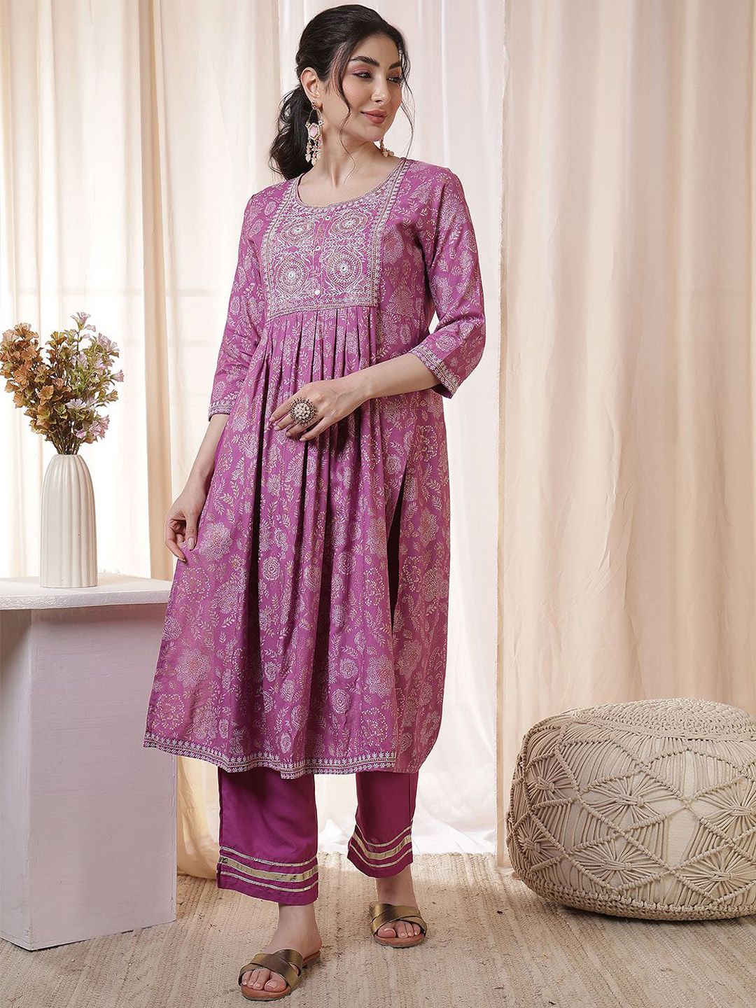 Anouk Floral Embroidered Round Neck  Mirror Work A-Line Kurta with Trousers