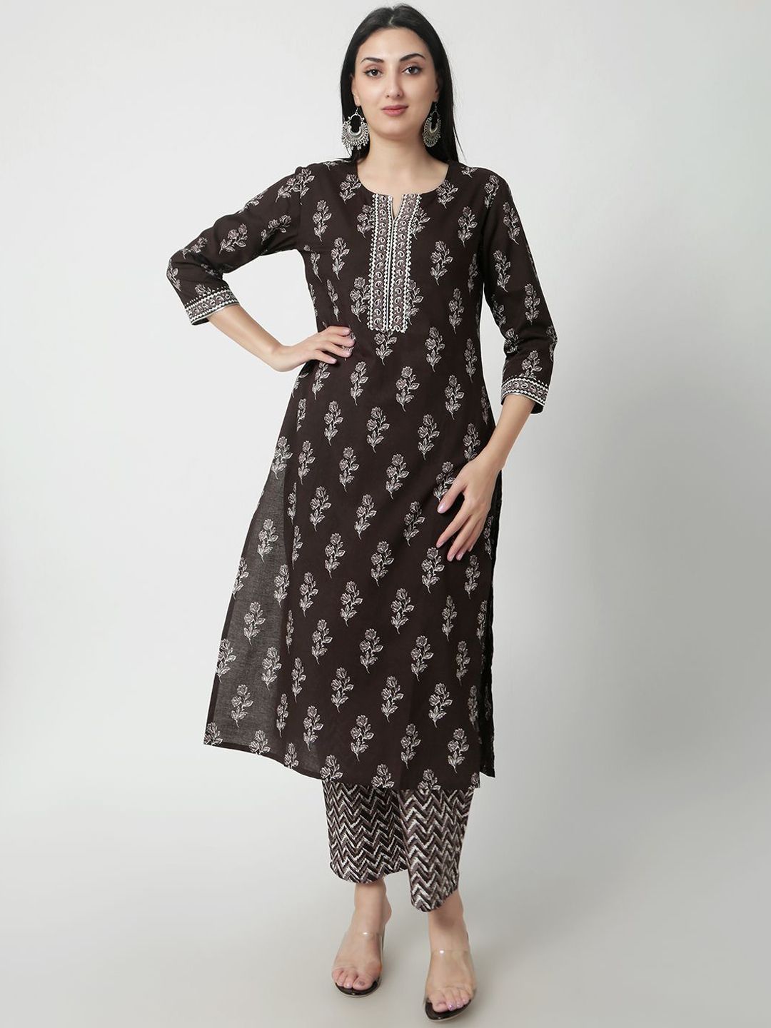 HERE&NOW Floral Printed Pure Cotton Round Neck Kurta & Trouser