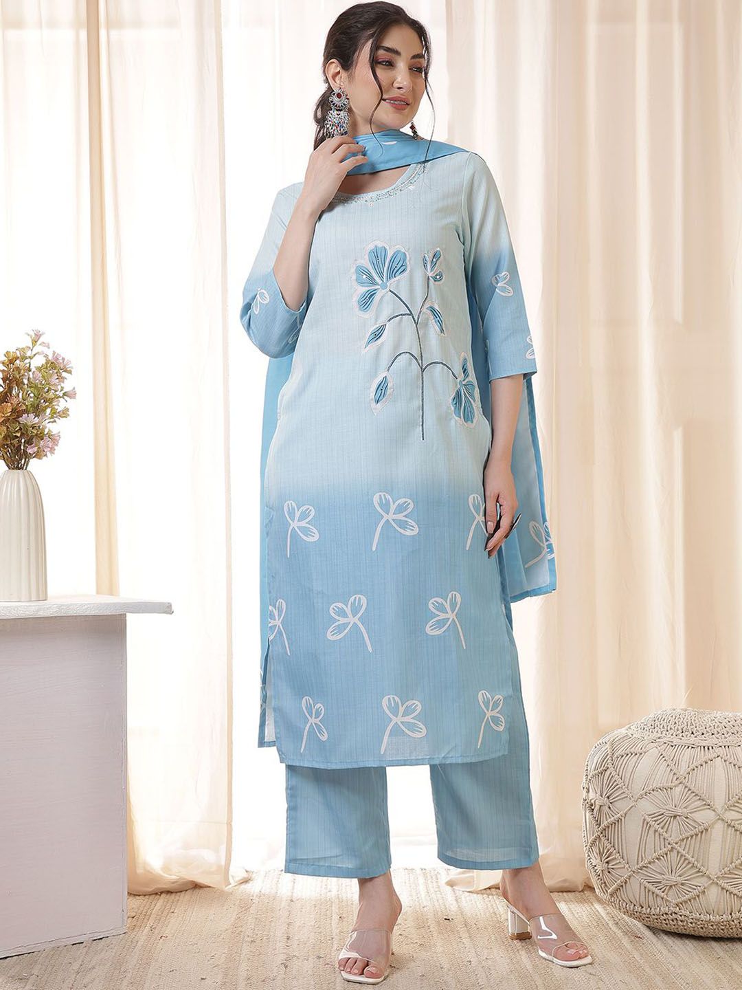 Anouk Women Floral Print Thread & Mirror Work Pure Cotton Kurta with Trousers & Dupatta