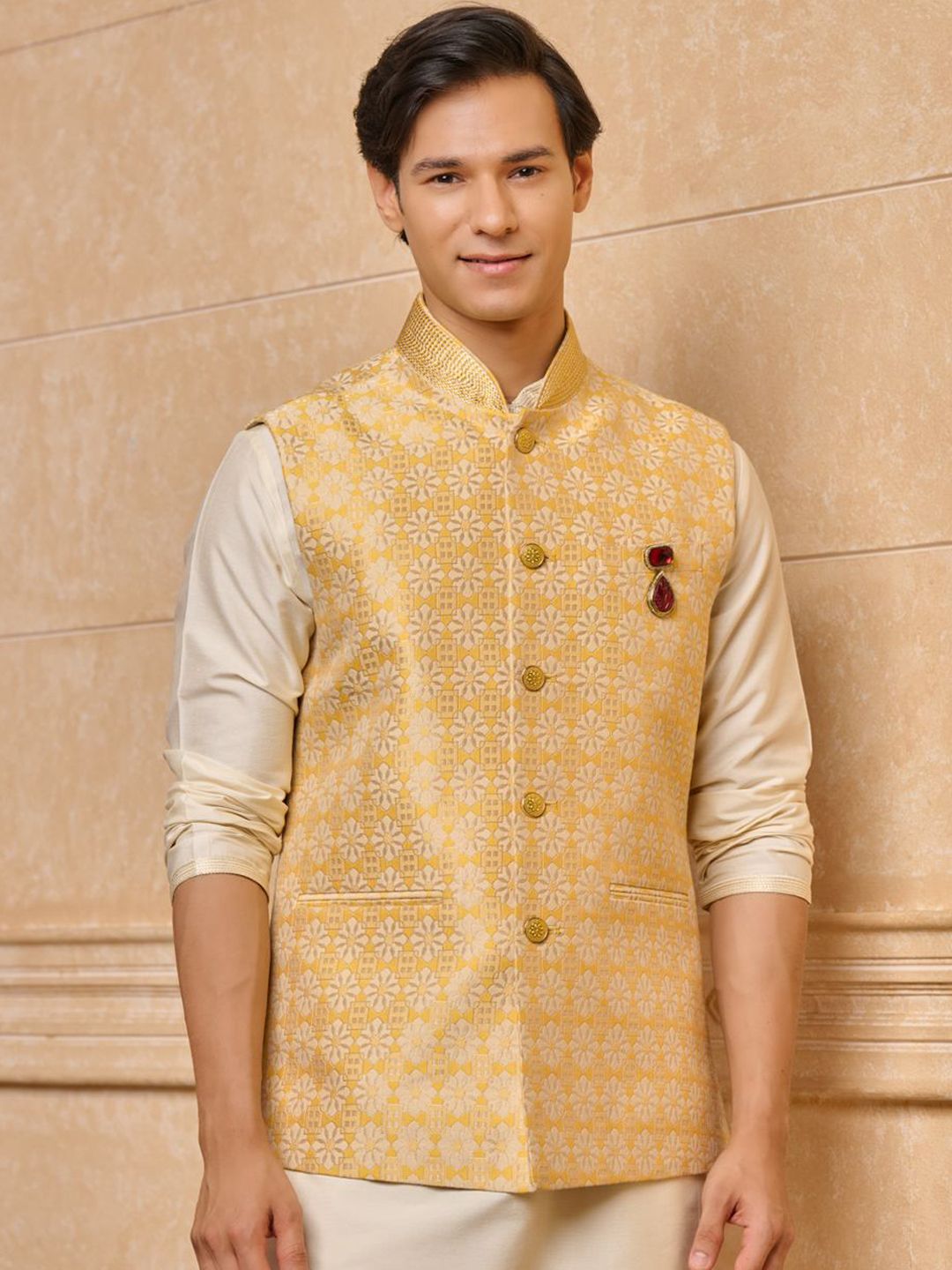 Tasva Woven Design Brocade Bundi Nehru Jacket-picture-16