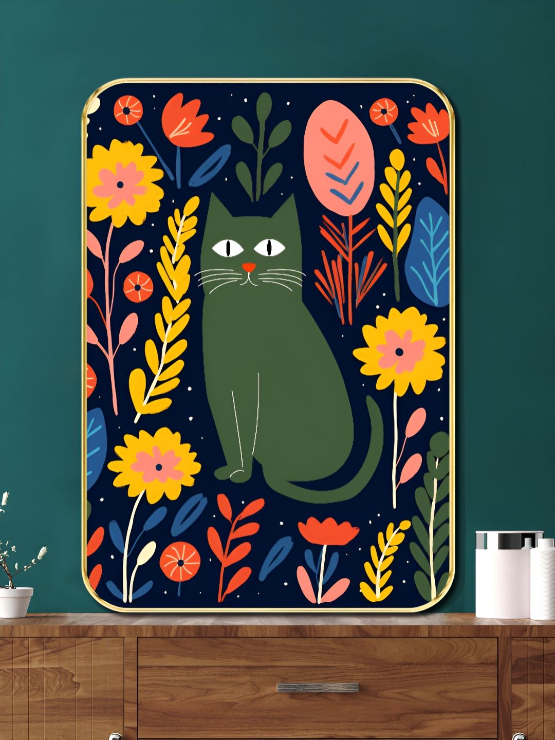 Livin'luxe Green & Blue Modern Cat & Botanical Rectangle Wall Art-picture-40