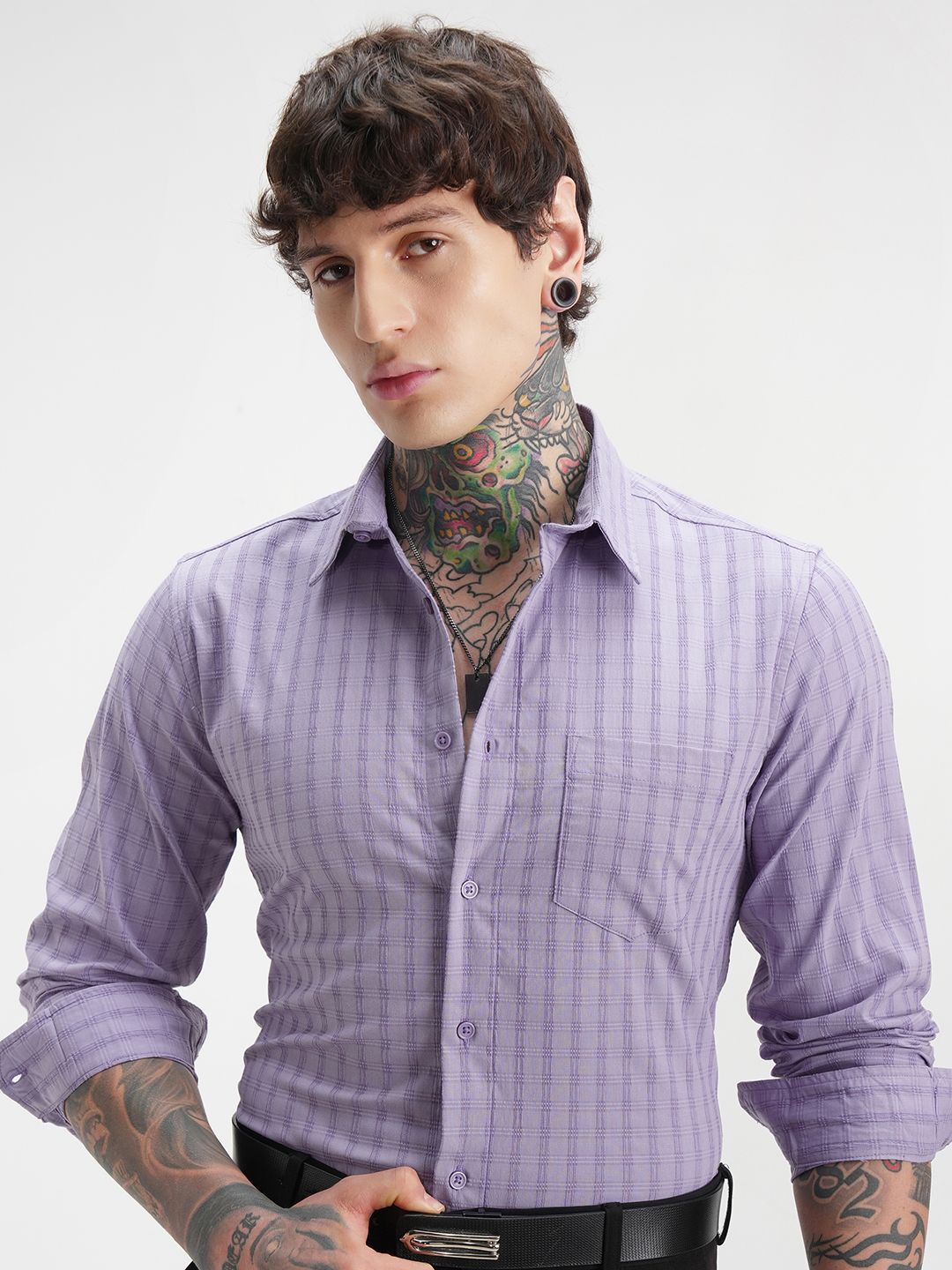 HIGHLANDER Men Slim Fit Grid Tattersall Checked Spread Collar Formal Shirt-picture-34