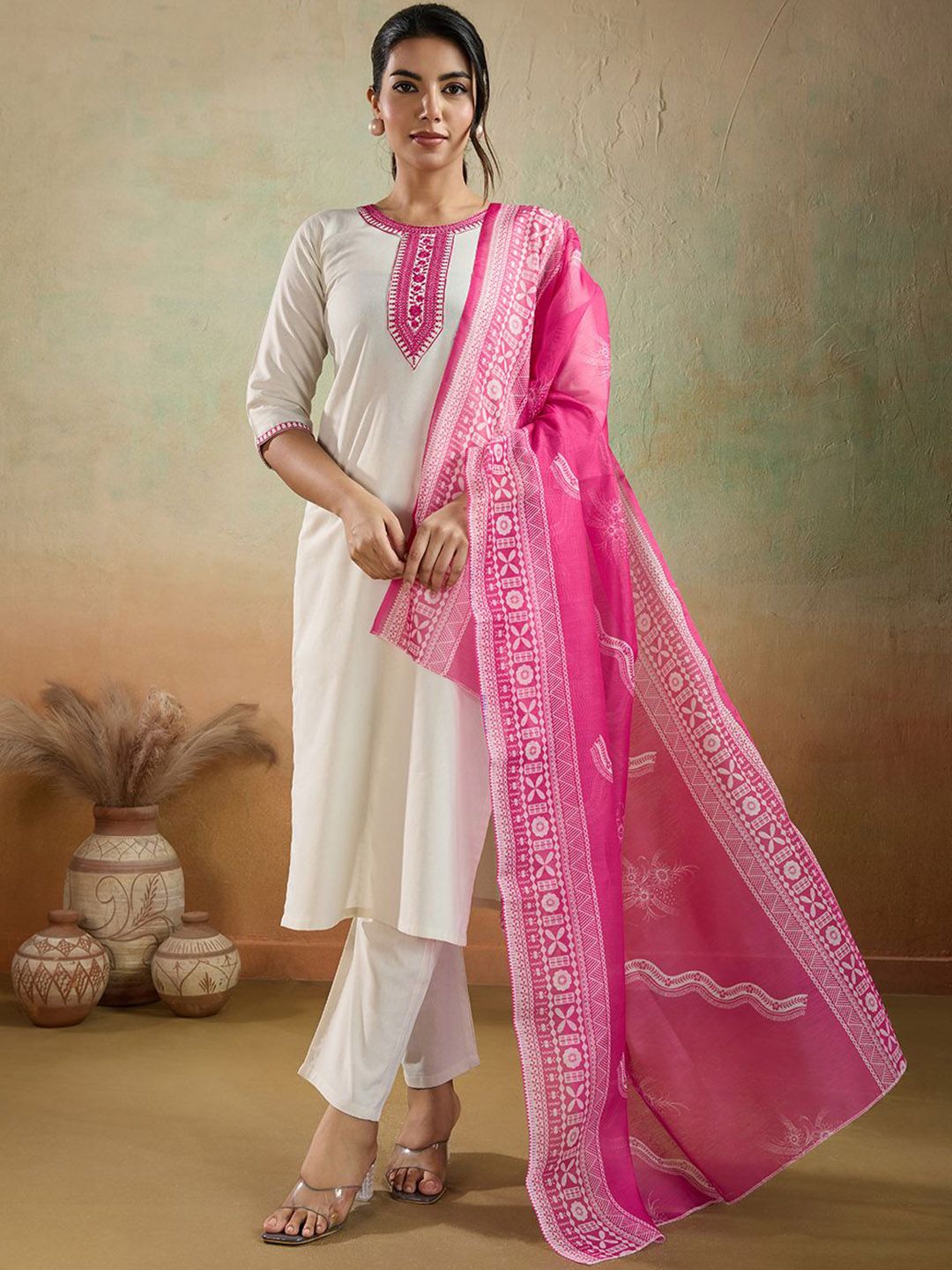 Women Basket Women Embroidered Regular Thread Work Pure Cotton Kurta Set  With Dupatta