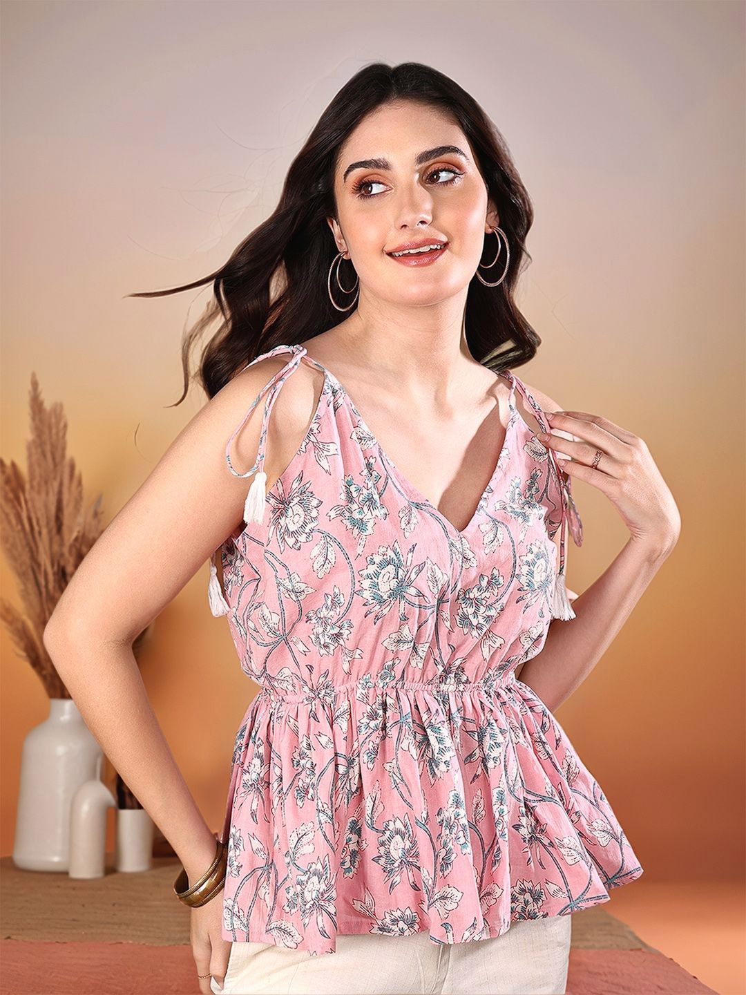 Sangria Women Floral Printed Gathered or Pleated Pure Cotton Short Peplum Top-picture-23