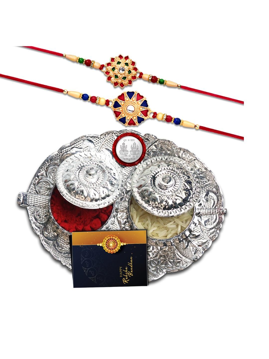 DeoDap Unisex Set of 2 Rakhis with Pooja Thali Roli Chawal Coin Greeting Card Gift Set-image-2