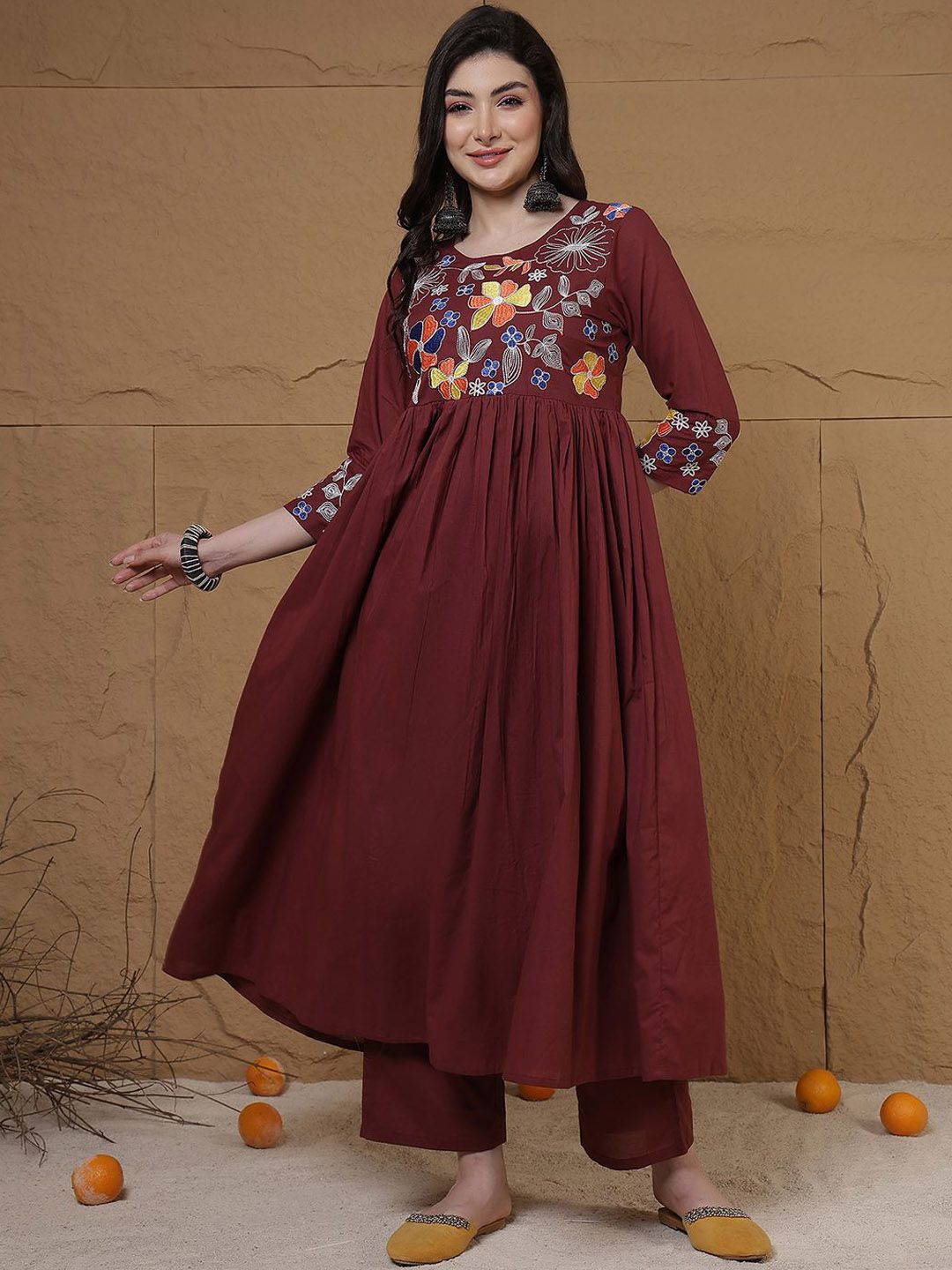 Anouk Yoke Design Round Neck Thread Work Pure Cotton Anarkali Kurta with Trousers