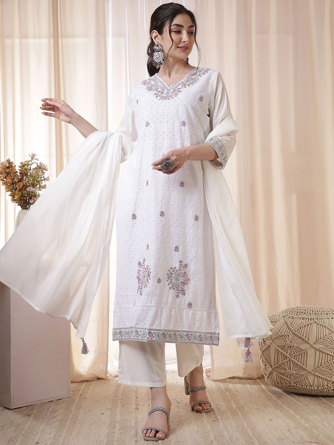 Anouk Women Floral Embroidered Cotton Kurta with Trousers & Dupatta