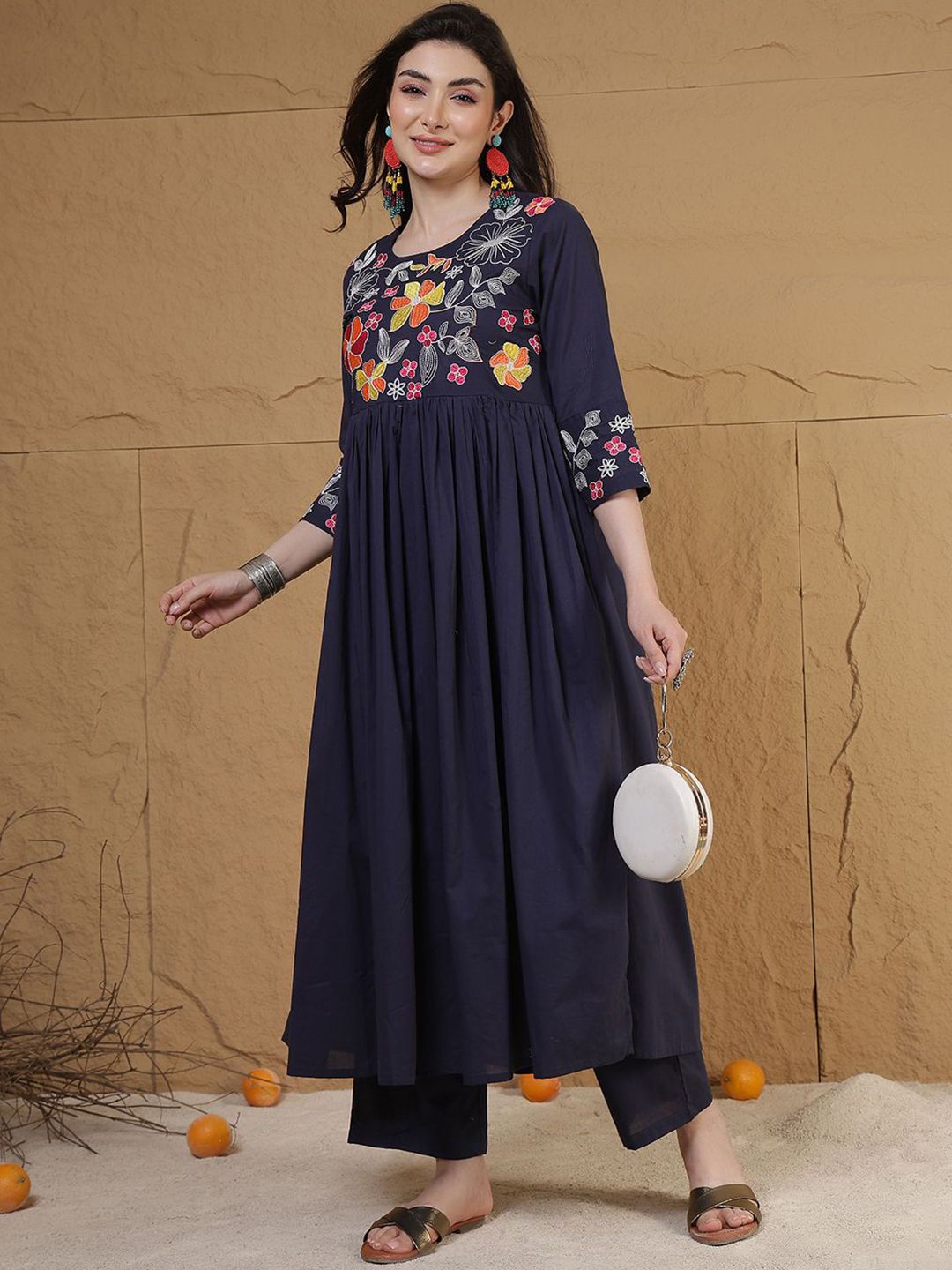 Anouk Women Ethnic Motifs Embroidered Cotton Anarkali Kurta with Trousers