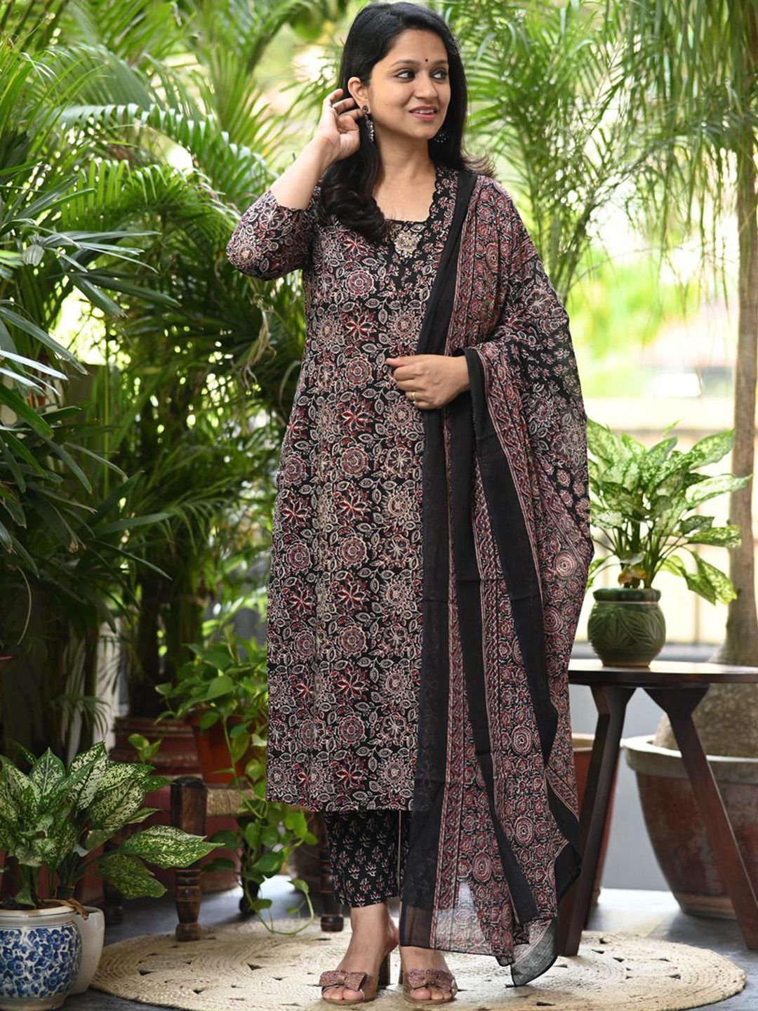 KALINI Ethnic Motifs Printed Thread Work Pure Cotton Kurta With Palazzo & Dupatta