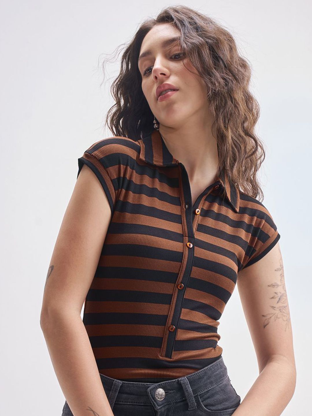 Tokyo Talkies Striped Shirt Collar Bodysuit