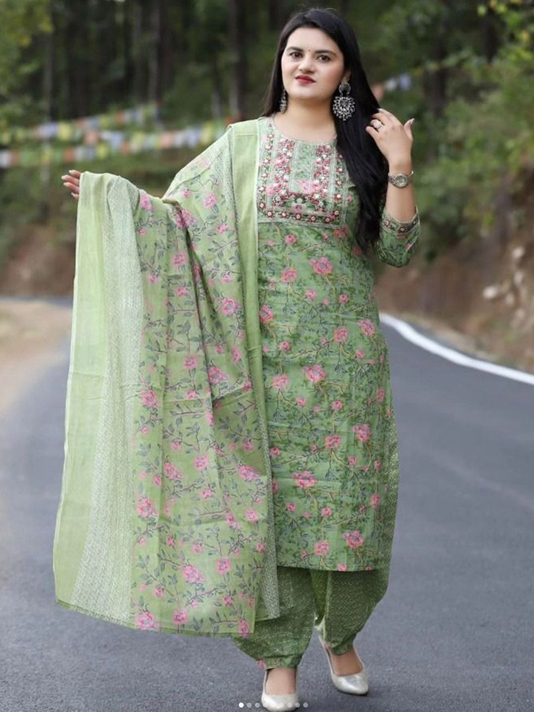 KALINI Floral Embroidered Straight Thread Work Pure Cotton Kurta With Patiala & Dupatta