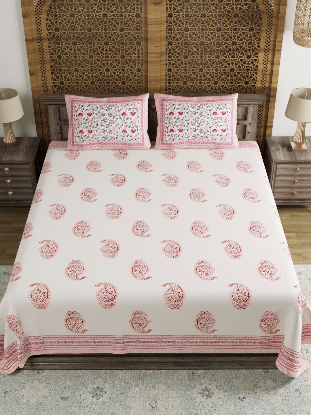 Sangria White & Pink Ethnic Motifs Pure Cotton 210TC Double King Bedsheet Set-2.74mx2.28m-picture-12