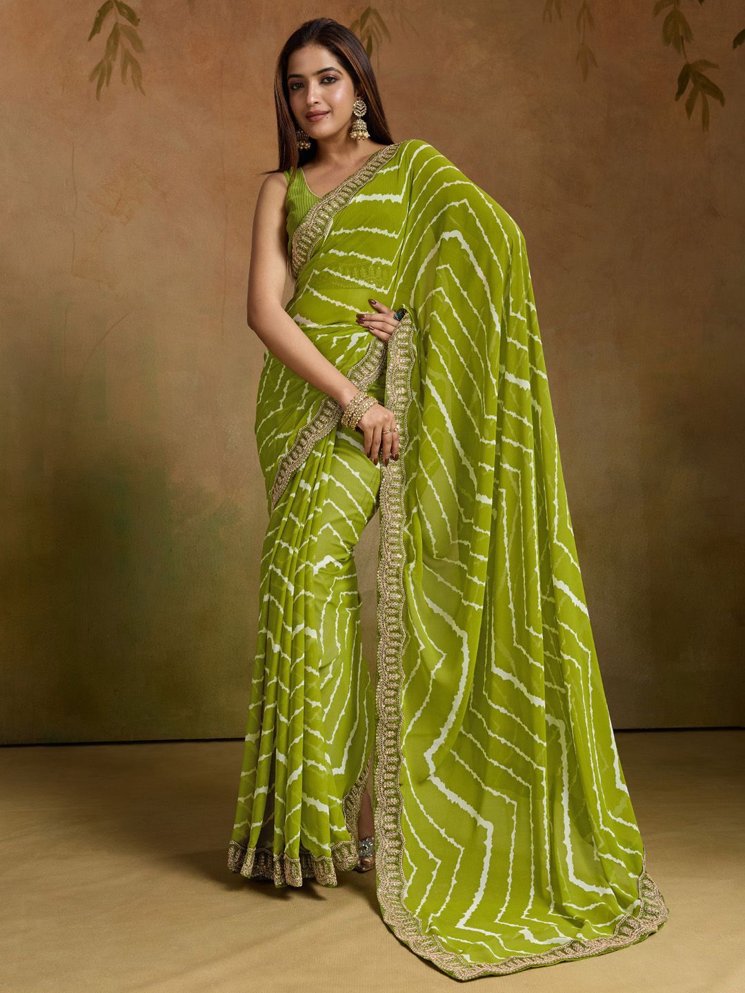 KALINI Printed Sequinned Embroidered Border Pure Georgette Leheriya Saree-picture-21