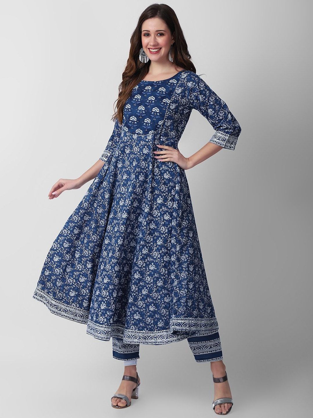 HERE&NOW Women Ethnic Motifs Printed Cotton Anarkali Kurta with Palazzo & Dupatta