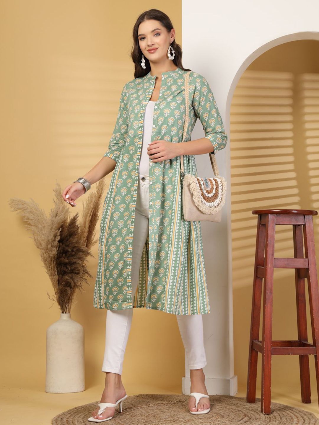 SUBAGI FASHION Floral Printed Mandarin Collar Cotton Long Button Shrug-picture-48