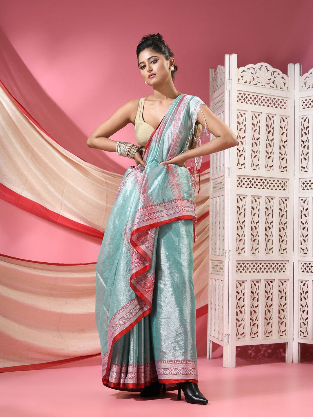 TANTLOOM Woven Design Border Tissue Saree with Blouse Piece-picture-14